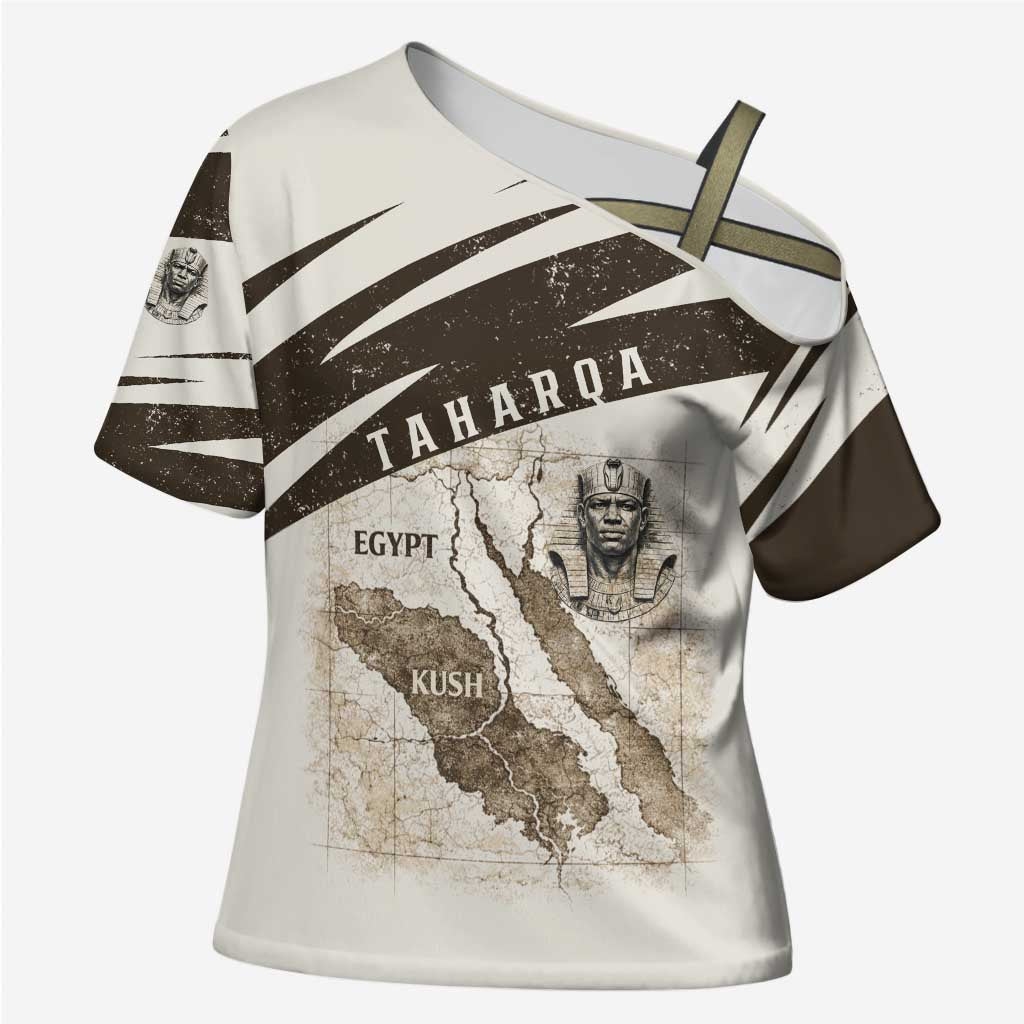 Taharqa Cross Shoulder Shirt with Ancient Map Illustration, King of Two Lands Title and Kush Egypt Temple - Wonder Print Shop