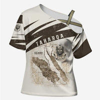 Taharqa Cross Shoulder Shirt with Ancient Map Illustration, King of Two Lands Title and Kush Egypt Temple - Wonder Print Shop