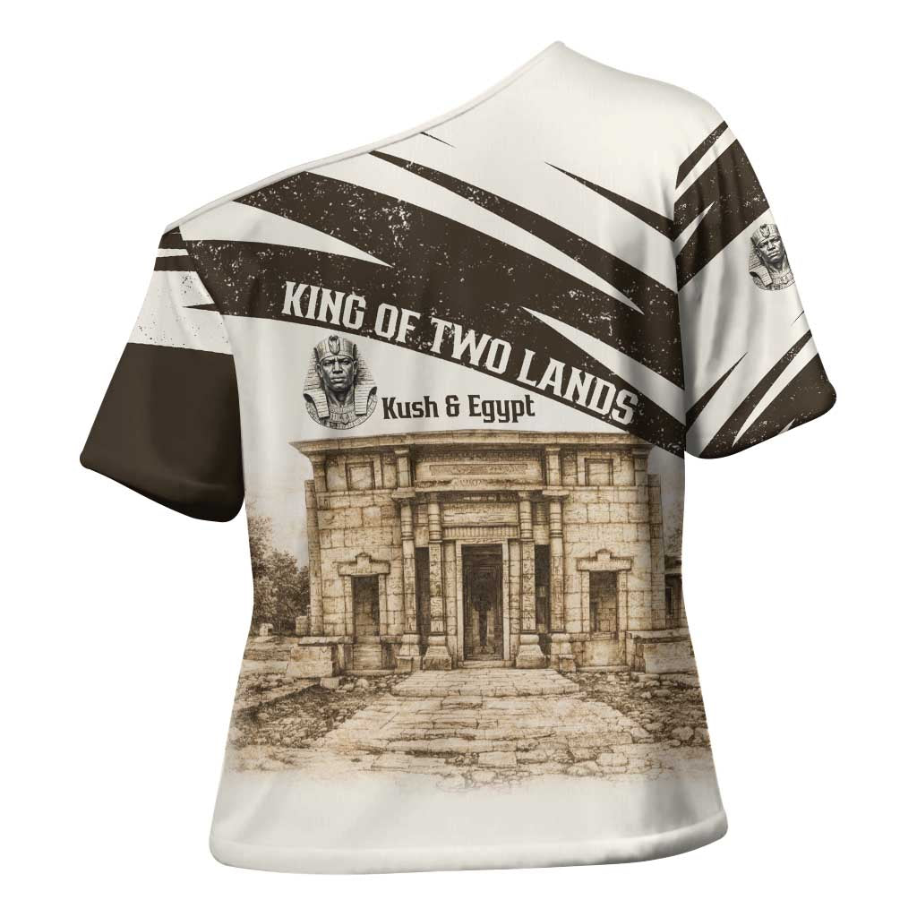 Taharqa Cross Shoulder Shirt with Ancient Map Illustration, King of Two Lands Title and Kush Egypt Temple - Wonder Print Shop