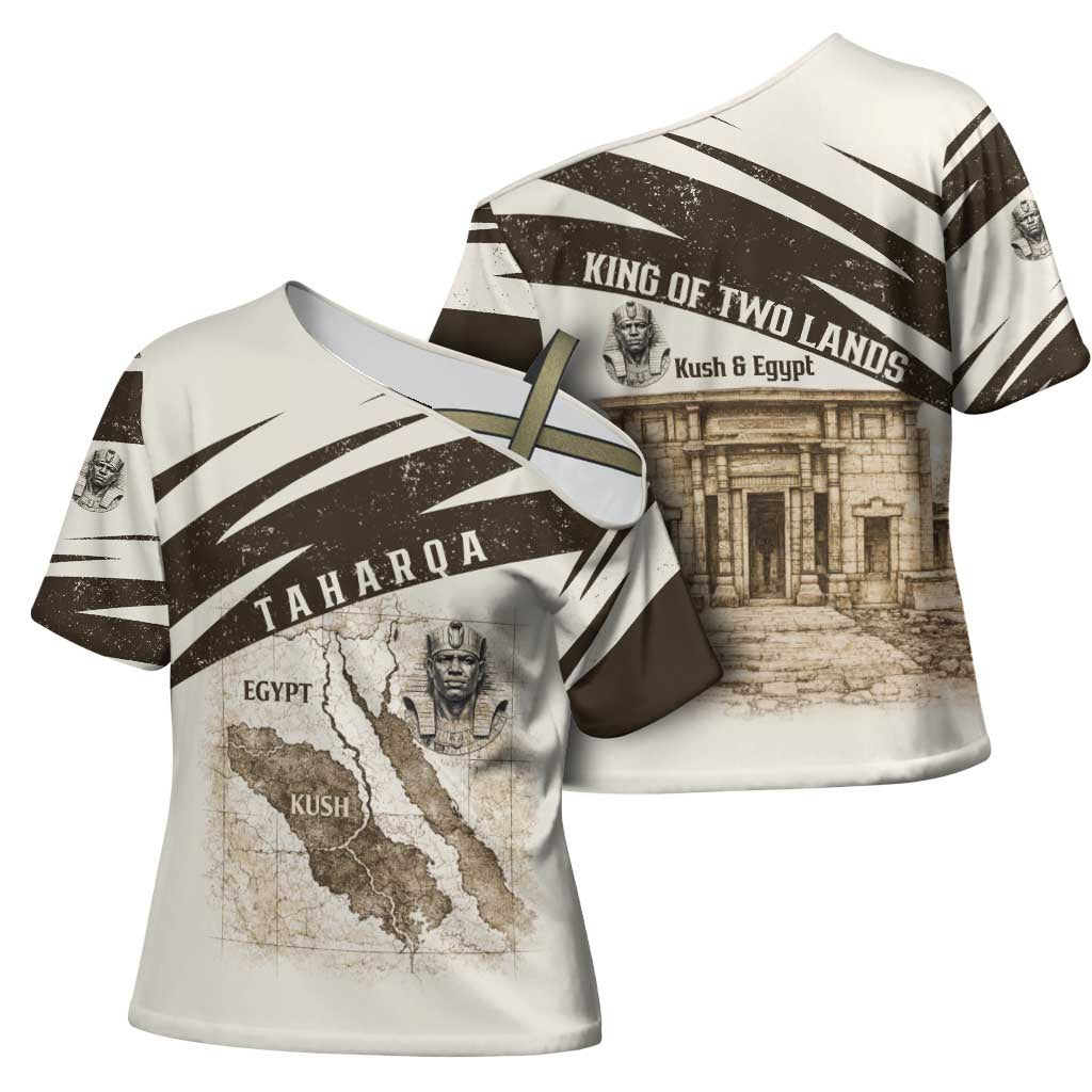 Taharqa Cross Shoulder Shirt with Ancient Map Illustration, King of Two Lands Title and Kush Egypt Temple - Wonder Print Shop
