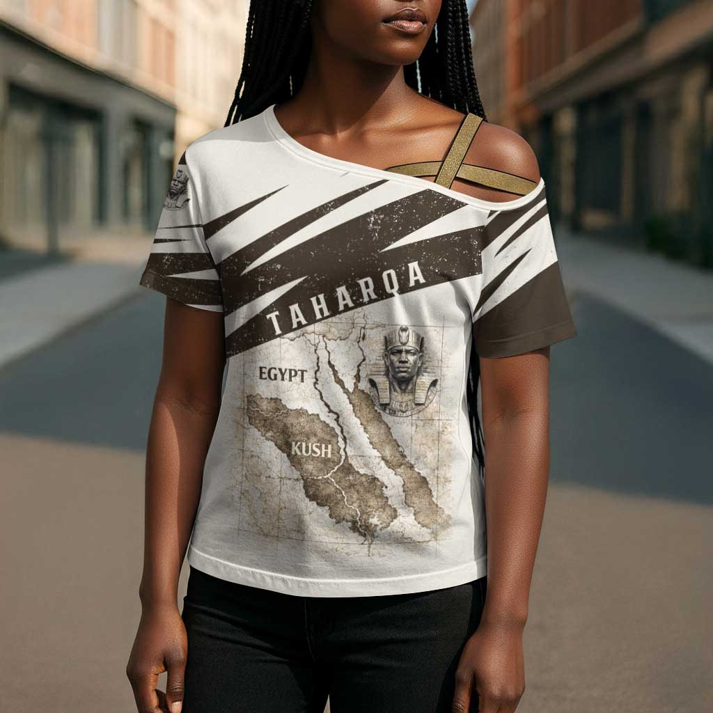 Taharqa Cross Shoulder Shirt with Ancient Map Illustration, King of Two Lands Title and Kush Egypt Temple - Wonder Print Shop