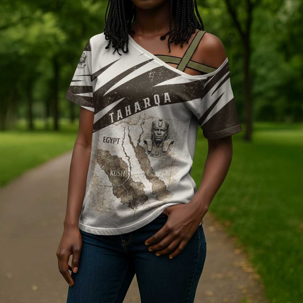 Taharqa Cross Shoulder Shirt with Ancient Map Illustration, King of Two Lands Title and Kush Egypt Temple - Wonder Print Shop