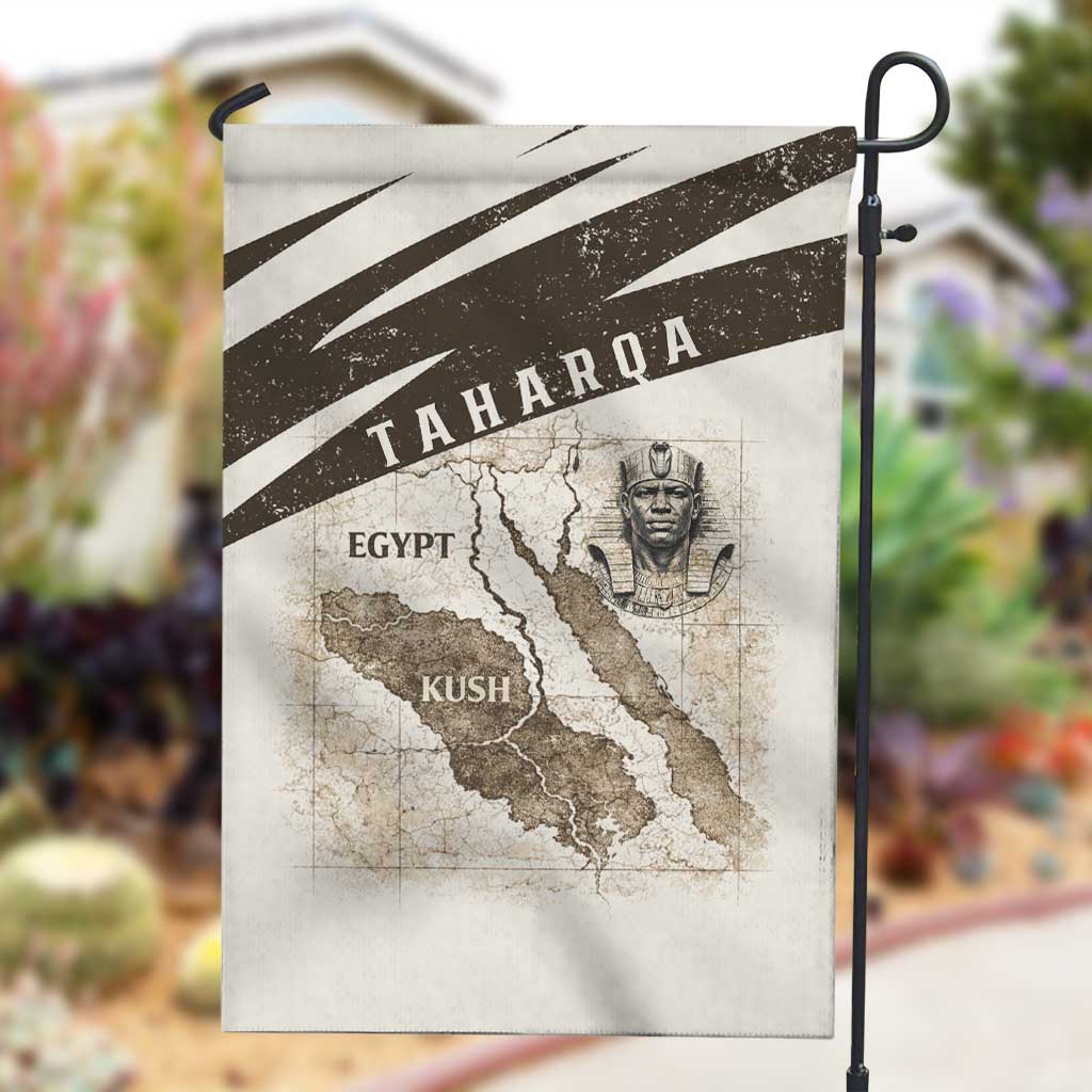 Taharqa Garden Flag with Ancient Map Illustration, King of Two Lands Title and Kush Egypt Temple - Wonder Print Shop