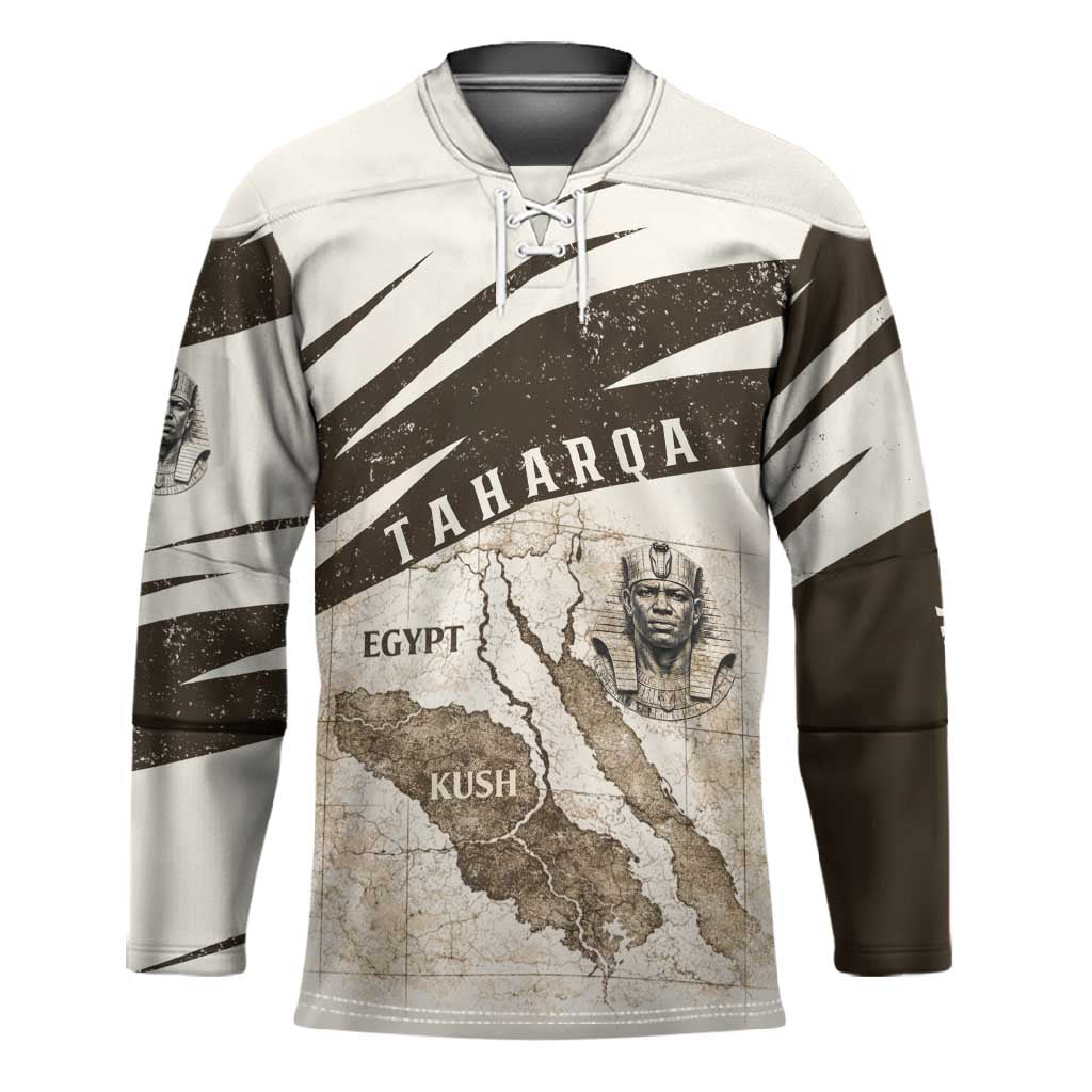 Taharqa Hockey Jersey with Ancient Map Illustration, King of Two Lands Title and Kush Egypt Temple - Wonder Print Shop