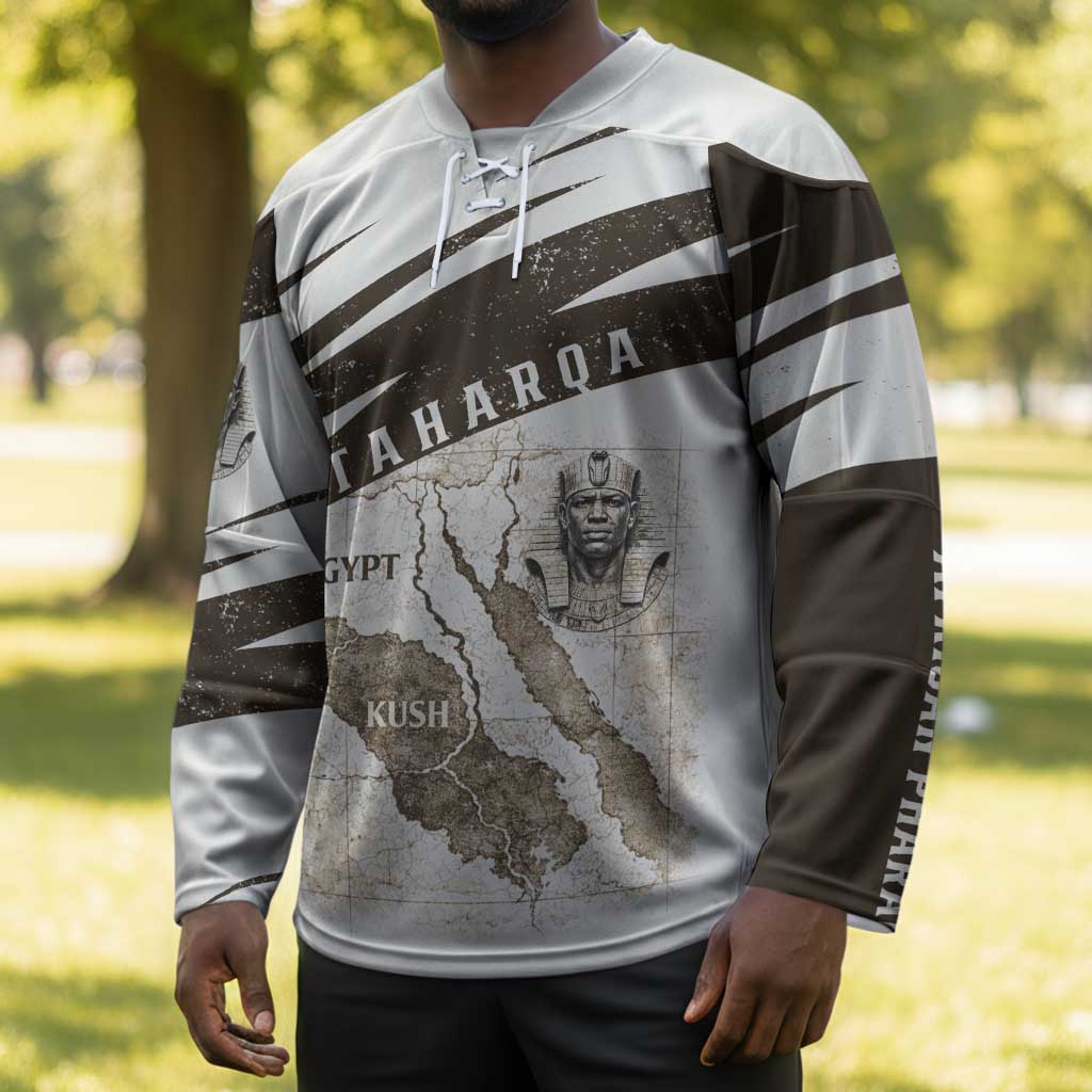 Taharqa Hockey Jersey with Ancient Map Illustration, King of Two Lands Title and Kush Egypt Temple - Wonder Print Shop