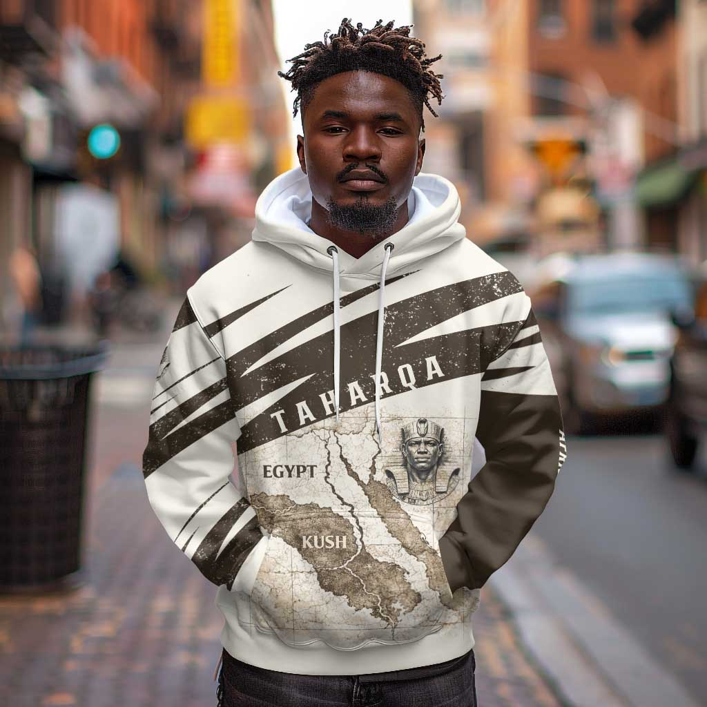Taharqa Hoodie with Ancient Map Illustration, King of Two Lands Title and Kush Egypt Temple - Wonder Print Shop