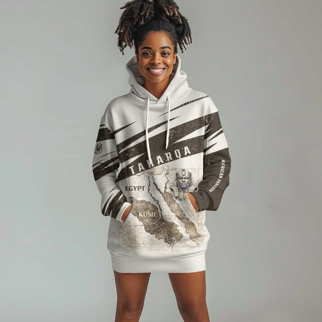 Taharqa Hoodie Dress with Ancient Map Illustration, King of Two Lands Title and Kush Egypt Temple - Wonder Print Shop