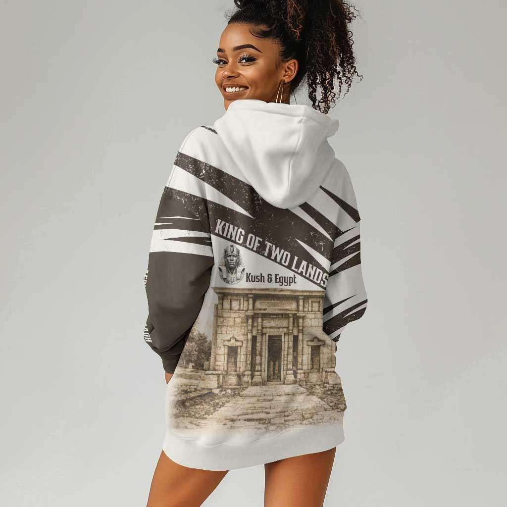 Taharqa Hoodie Dress with Ancient Map Illustration, King of Two Lands Title and Kush Egypt Temple - Wonder Print Shop
