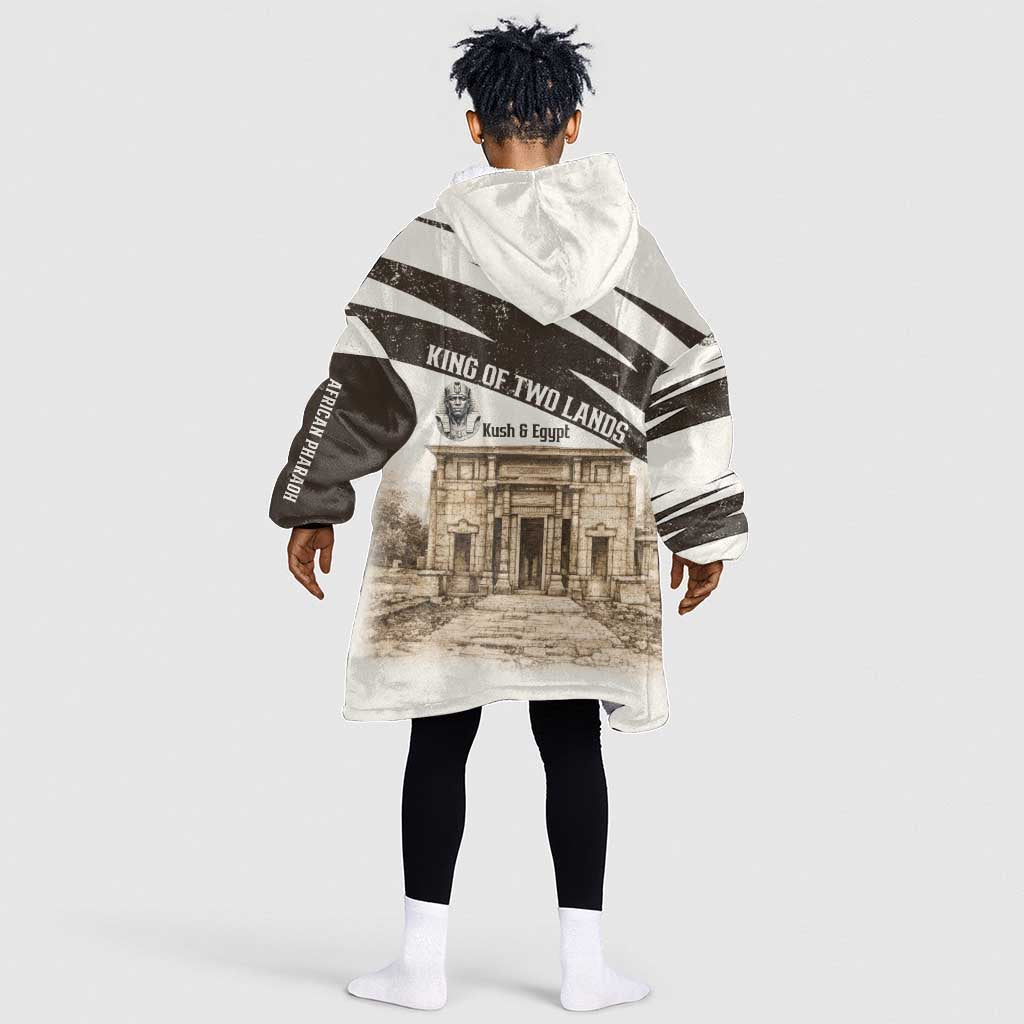 Taharqa Kid Wearable Blanket Hoodie with Ancient Map Illustration, King of Two Lands Title and Kush Egypt Temple - Wonder Print Shop