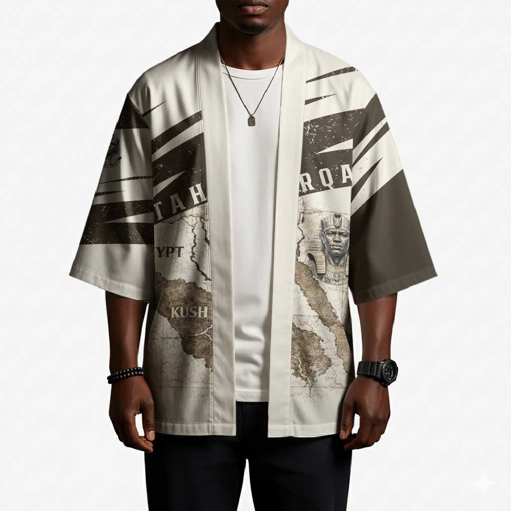 Taharqa Kimono with Ancient Map Illustration, King of Two Lands Title and Kush Egypt Temple - Wonder Print Shop