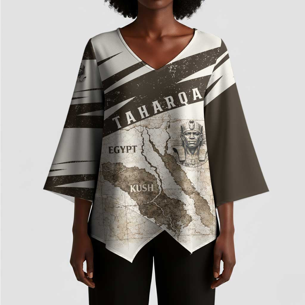 Taharqa Kimono Sleeve Blouse with Ancient Map Illustration, King of Two Lands Title and Kush Egypt Temple - Wonder Print Shop