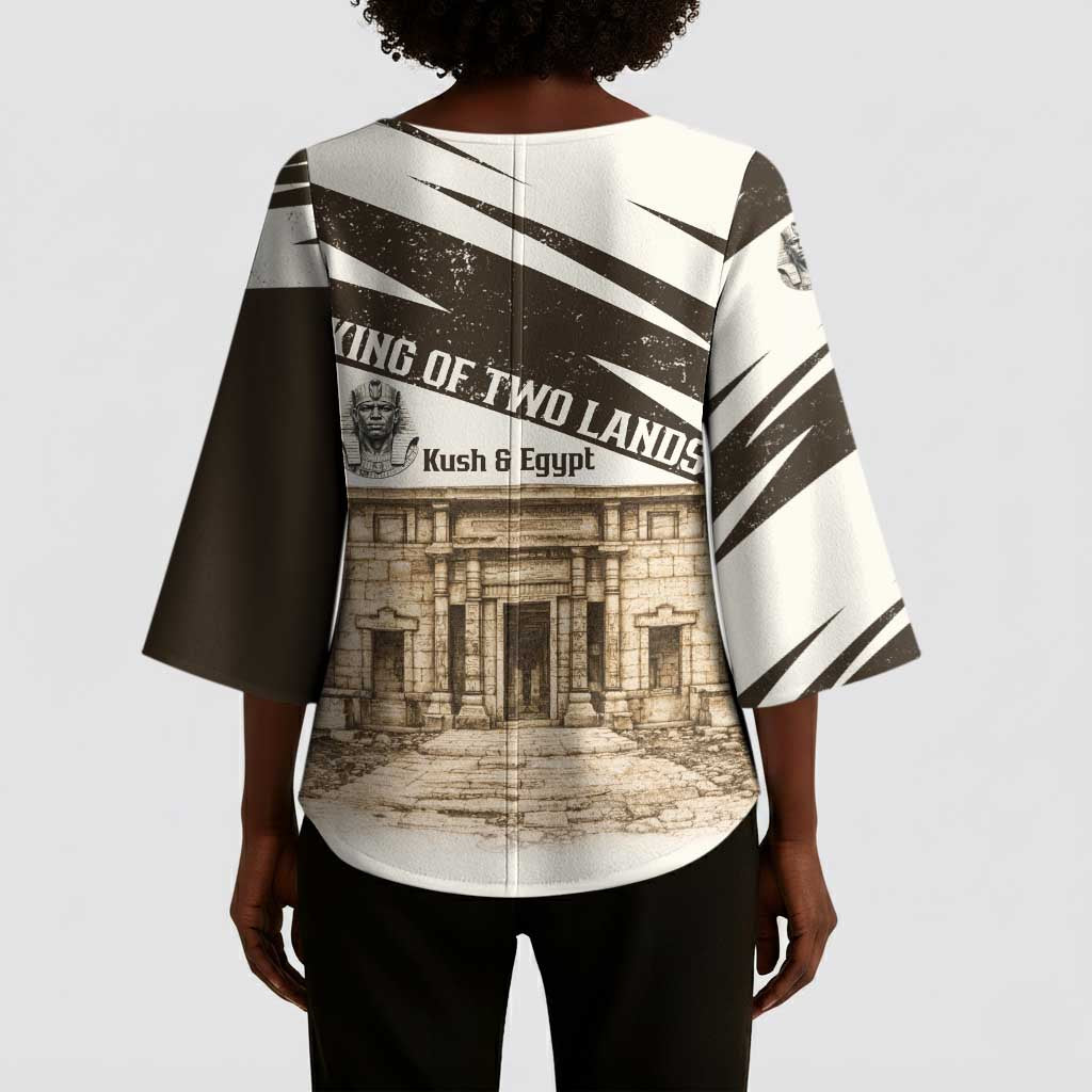 Taharqa Kimono Sleeve Blouse with Ancient Map Illustration, King of Two Lands Title and Kush Egypt Temple - Wonder Print Shop