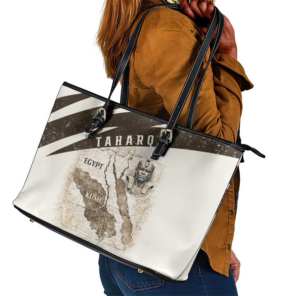 Taharqa Leather Tote Bag with Ancient Map Illustration, King of Two Lands Title and Kush Egypt Temple - Wonder Print Shop