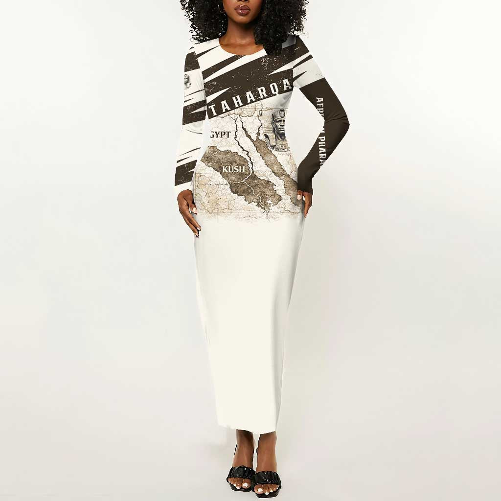 Taharqa Long Sleeve Bodycon Dress with Ancient Map Illustration, King of Two Lands Title and Kush Egypt Temple - Wonder Print Shop