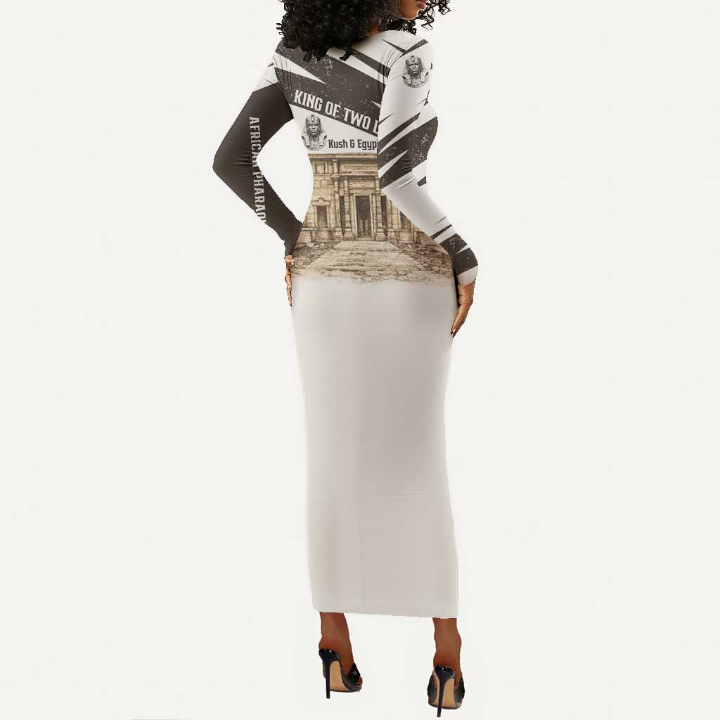 Taharqa Long Sleeve Bodycon Dress with Ancient Map Illustration, King of Two Lands Title and Kush Egypt Temple - Wonder Print Shop