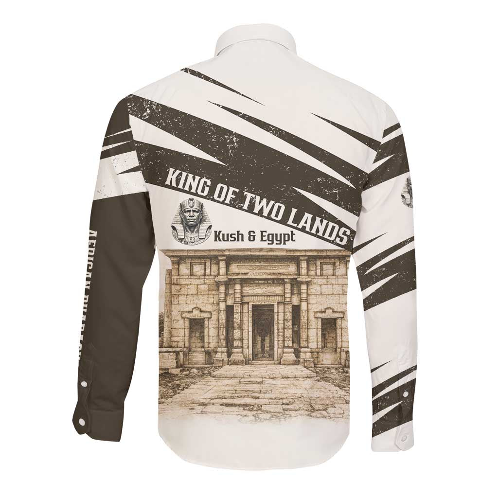 Taharqa Long Sleeve Button Shirt with Ancient Map Illustration, King of Two Lands Title and Kush Egypt Temple - Wonder Print Shop