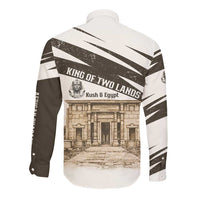Taharqa Long Sleeve Button Shirt with Ancient Map Illustration, King of Two Lands Title and Kush Egypt Temple - Wonder Print Shop