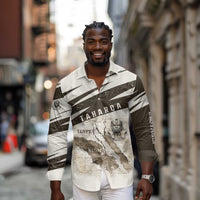 Taharqa Long Sleeve Button Shirt with Ancient Map Illustration, King of Two Lands Title and Kush Egypt Temple - Wonder Print Shop