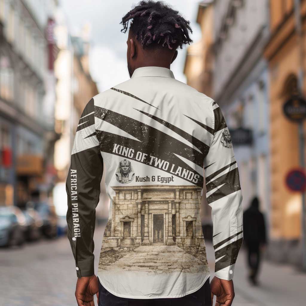 Taharqa Long Sleeve Button Shirt with Ancient Map Illustration, King of Two Lands Title and Kush Egypt Temple - Wonder Print Shop