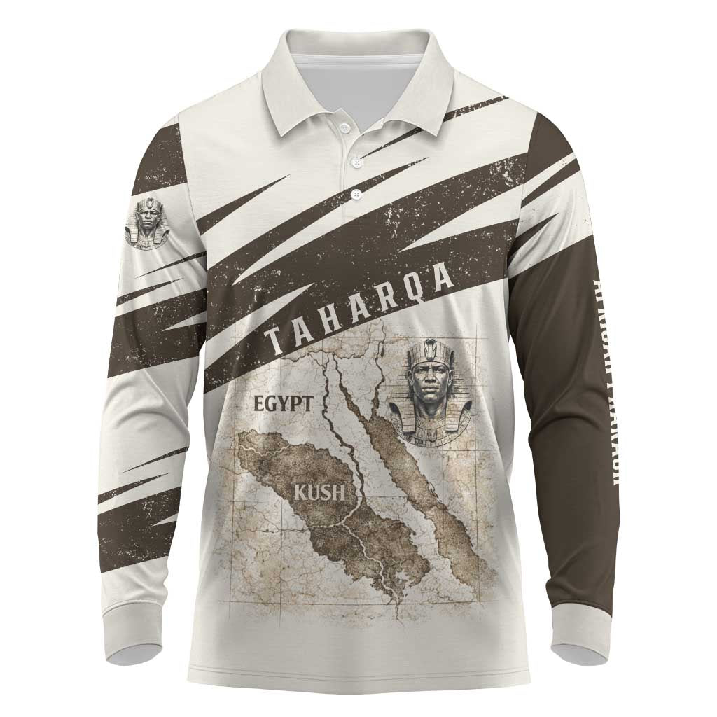 Taharqa Long Sleeve Polo Shirt with Ancient Map Illustration, King of Two Lands Title and Kush Egypt Temple - Wonder Print Shop