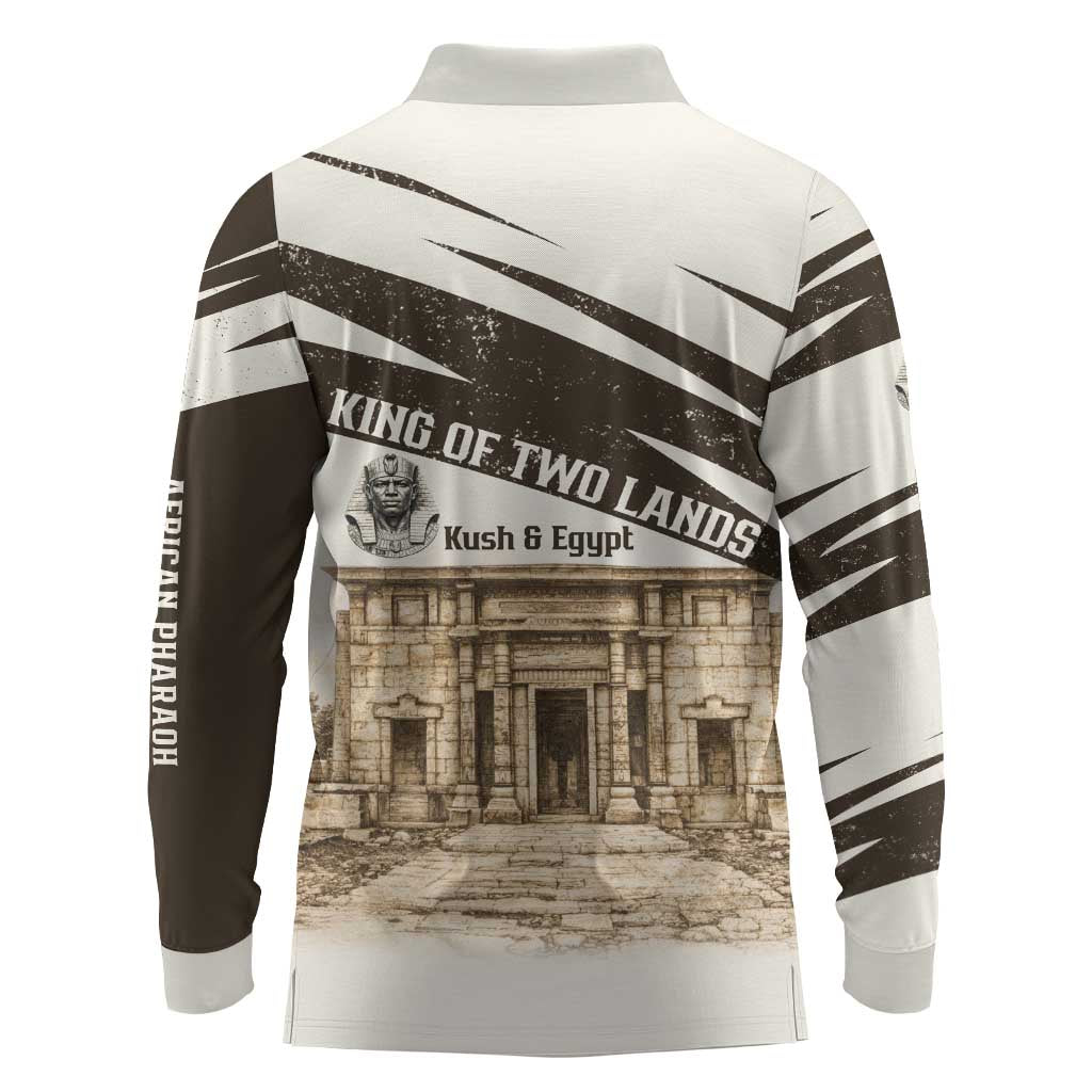 Taharqa Long Sleeve Polo Shirt with Ancient Map Illustration, King of Two Lands Title and Kush Egypt Temple - Wonder Print Shop