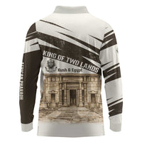 Taharqa Long Sleeve Polo Shirt with Ancient Map Illustration, King of Two Lands Title and Kush Egypt Temple - Wonder Print Shop