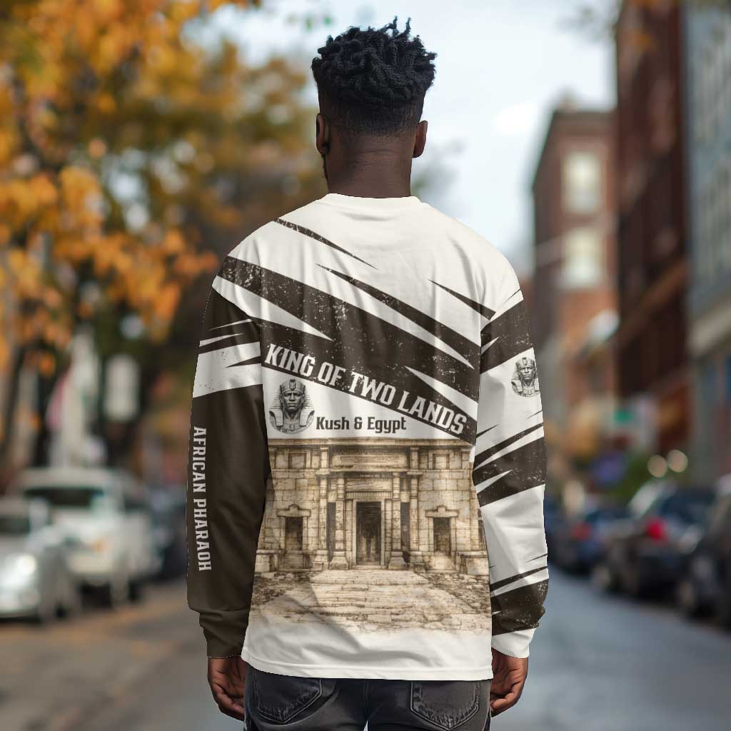 Taharqa Long Sleeve Shirt with Ancient Map Illustration, King of Two Lands Title and Kush Egypt Temple - Wonder Print Shop