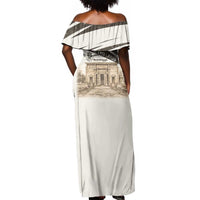 Taharqa Off Shoulder Maxi Dress with Ancient Map Illustration, King of Two Lands Title and Kush Egypt Temple - Wonder Print Shop