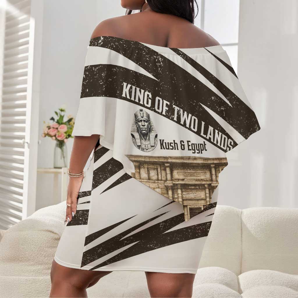 Taharqa Off Shoulder Short Dress with Ancient Map Illustration, King of Two Lands Title and Kush Egypt Temple - Wonder Print Shop