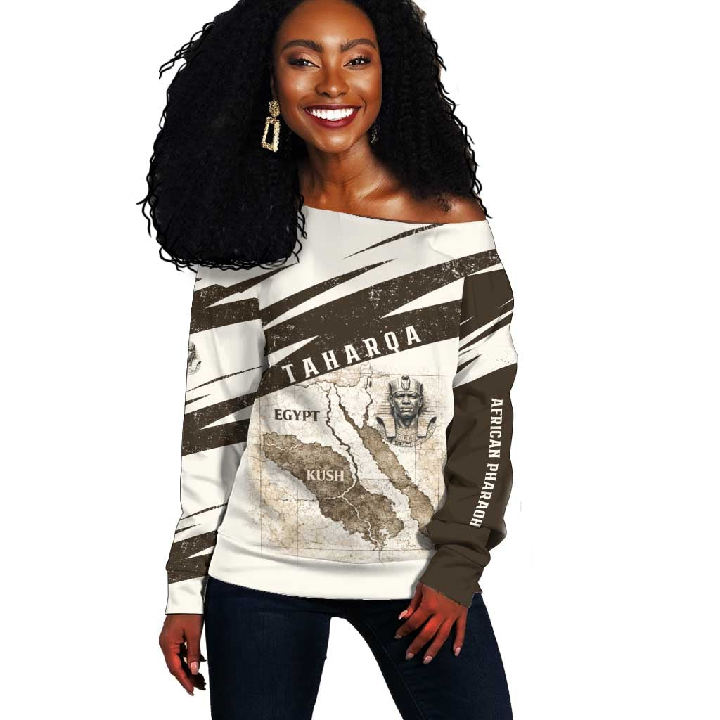 Taharqa Off Shoulder Sweater with Ancient Map Illustration, King of Two Lands Title and Kush Egypt Temple - Wonder Print Shop