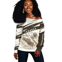 Taharqa Off Shoulder Sweater with Ancient Map Illustration, King of Two Lands Title and Kush Egypt Temple - Wonder Print Shop