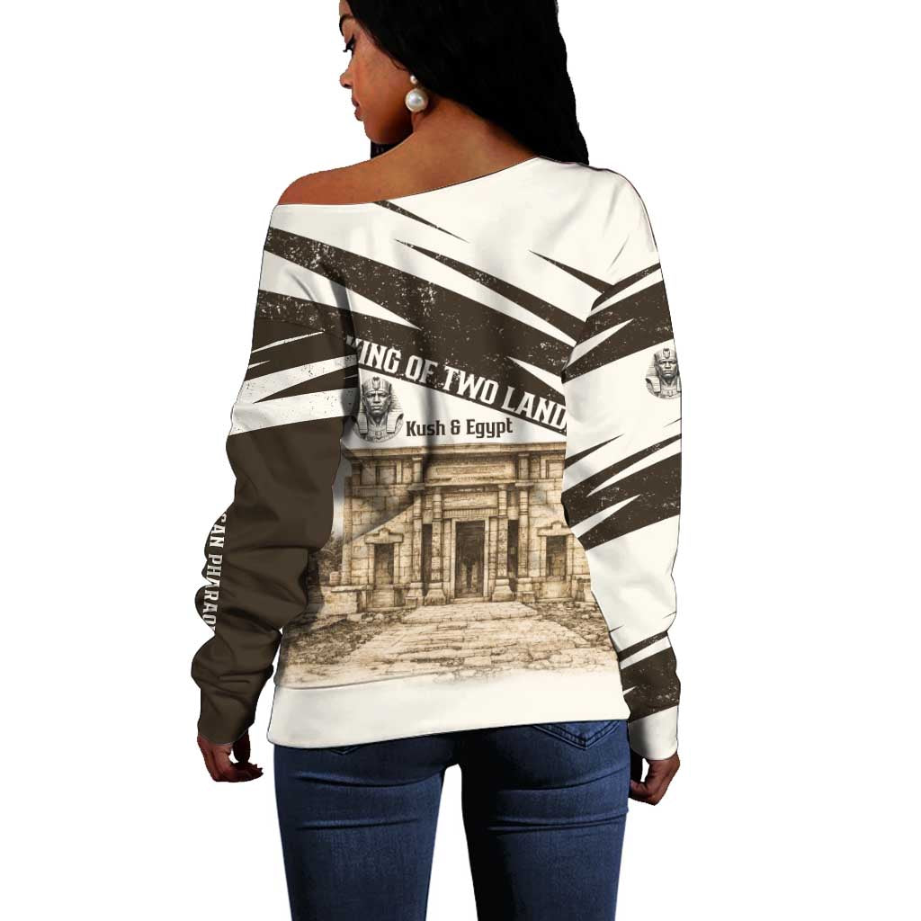 Taharqa Off Shoulder Sweater with Ancient Map Illustration, King of Two Lands Title and Kush Egypt Temple - Wonder Print Shop