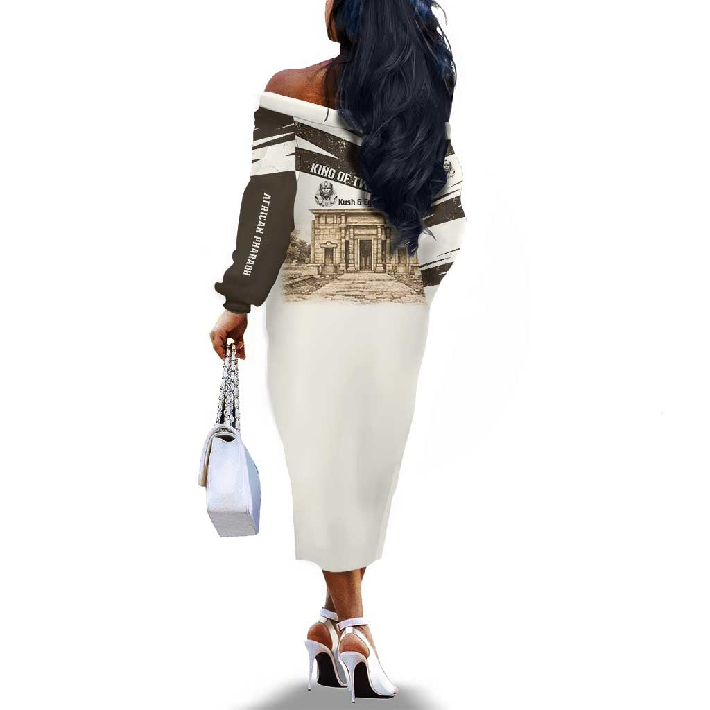Taharqa Off The Shoulder Long Sleeve Dress with Ancient Map Illustration, King of Two Lands Title and Kush Egypt Temple - Wonder Print Shop