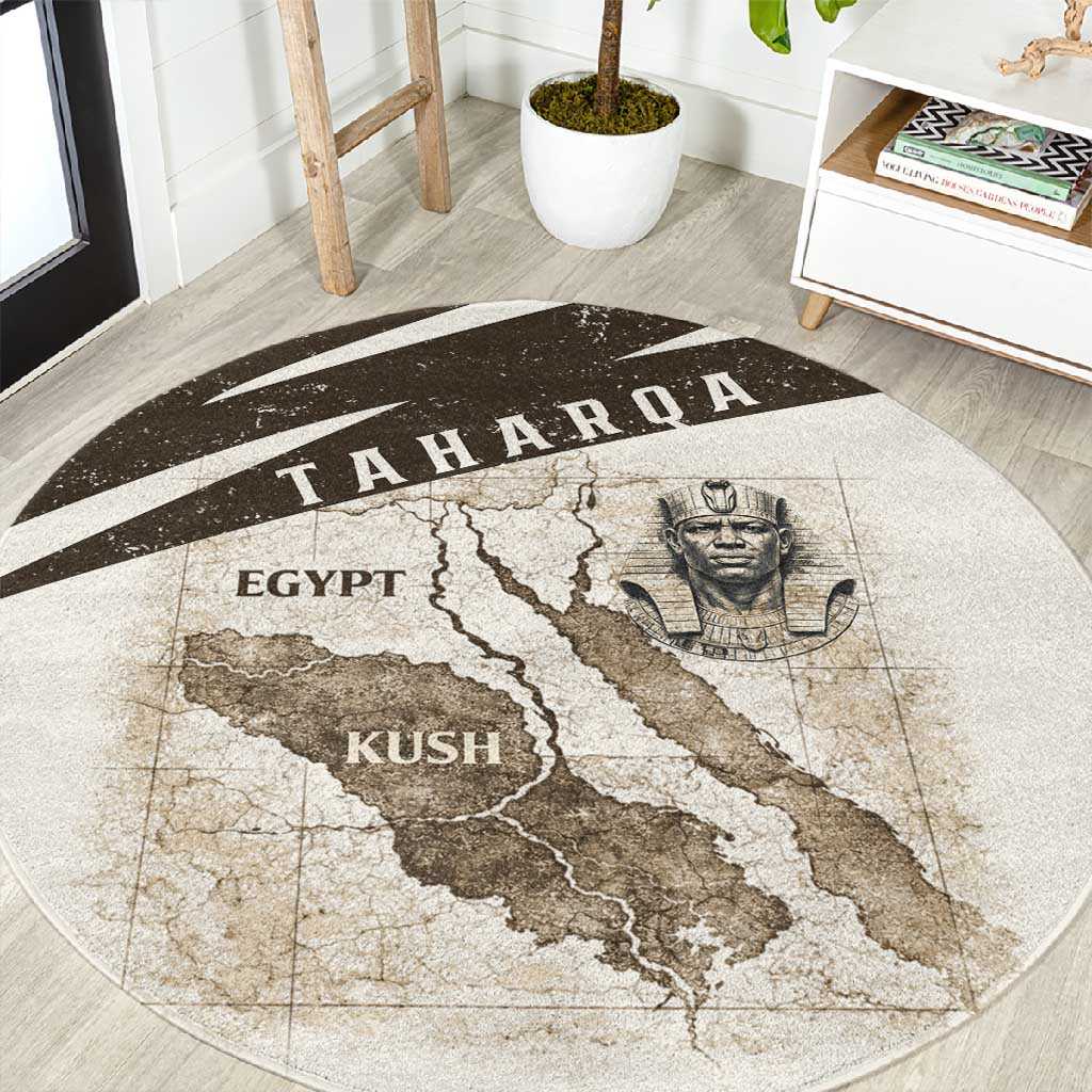 Taharqa Round Carpet with Ancient Map Illustration, King of Two Lands Title and Kush Egypt Temple - Wonder Print Shop