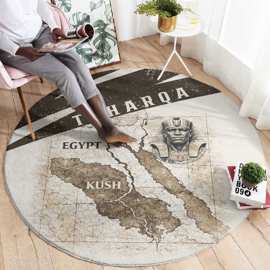 Taharqa Round Carpet with Ancient Map Illustration, King of Two Lands Title and Kush Egypt Temple - Wonder Print Shop