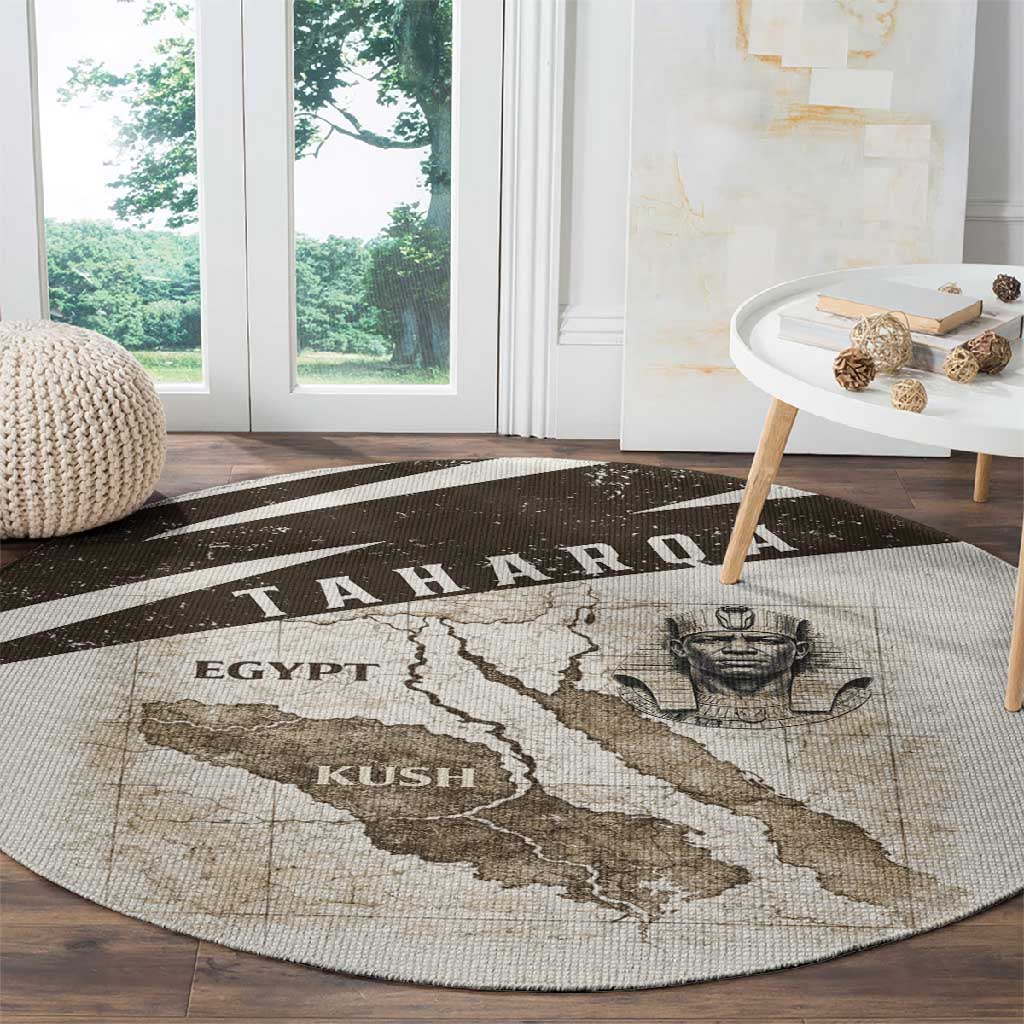 Taharqa Round Carpet with Ancient Map Illustration, King of Two Lands Title and Kush Egypt Temple - Wonder Print Shop