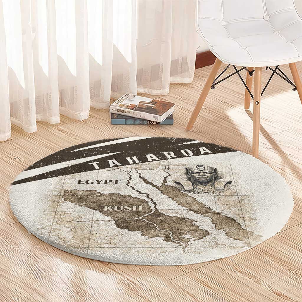 Taharqa Round Carpet with Ancient Map Illustration, King of Two Lands Title and Kush Egypt Temple - Wonder Print Shop