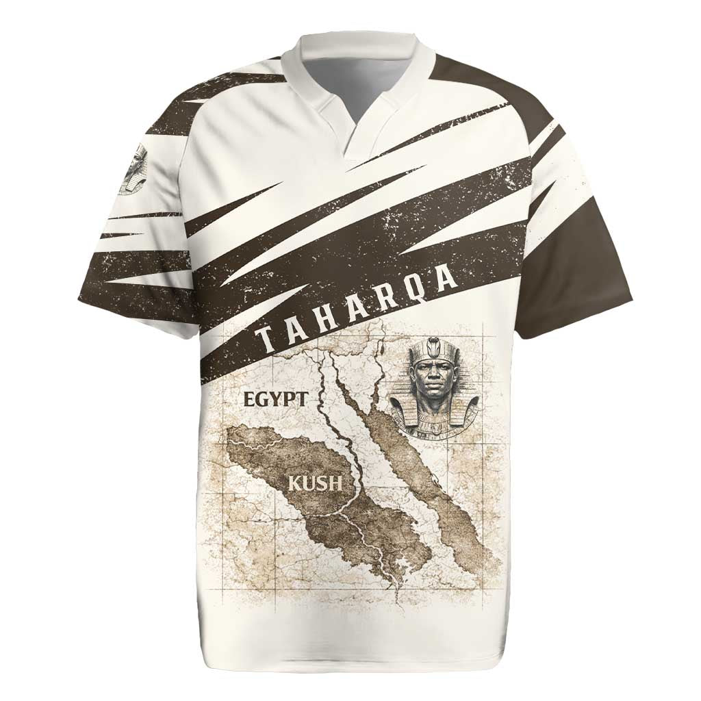 Taharqa Rugby Jersey with Ancient Map Illustration, King of Two Lands Title and Kush Egypt Temple - Wonder Print Shop