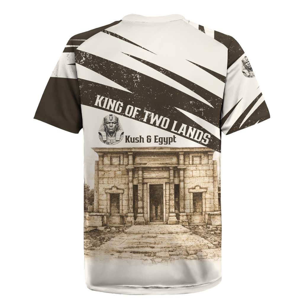 Taharqa Rugby Jersey with Ancient Map Illustration, King of Two Lands Title and Kush Egypt Temple - Wonder Print Shop