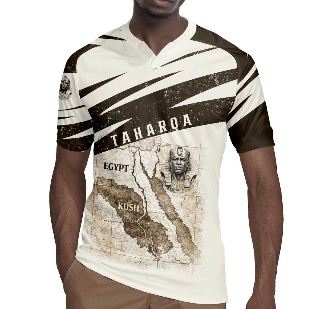 Taharqa Rugby Jersey with Ancient Map Illustration, King of Two Lands Title and Kush Egypt Temple - Wonder Print Shop