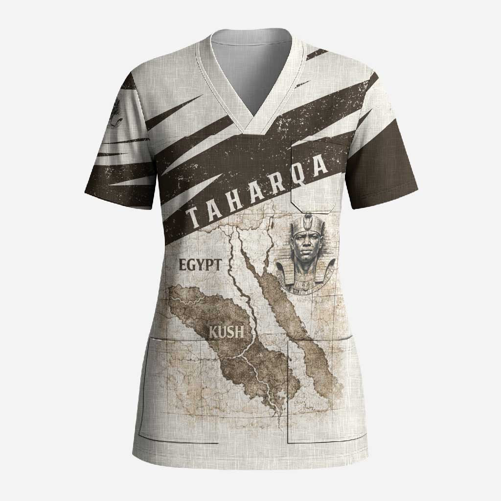 Taharqa Scrub Top with Ancient Map Illustration, King of Two Lands Title and Kush Egypt Temple - Wonder Print Shop