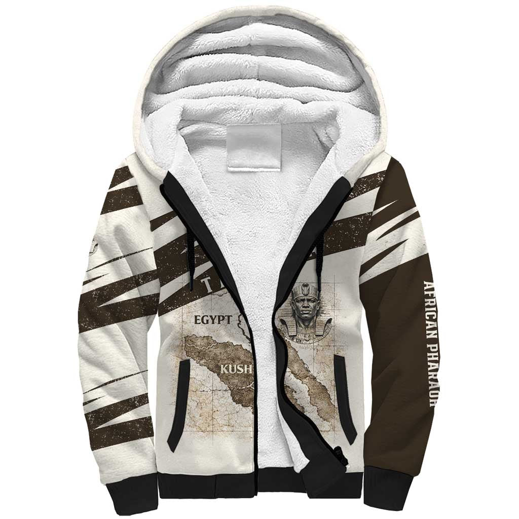 Taharqa Sherpa Hoodie with Ancient Map Illustration, King of Two Lands Title and Kush Egypt Temple - Wonder Print Shop