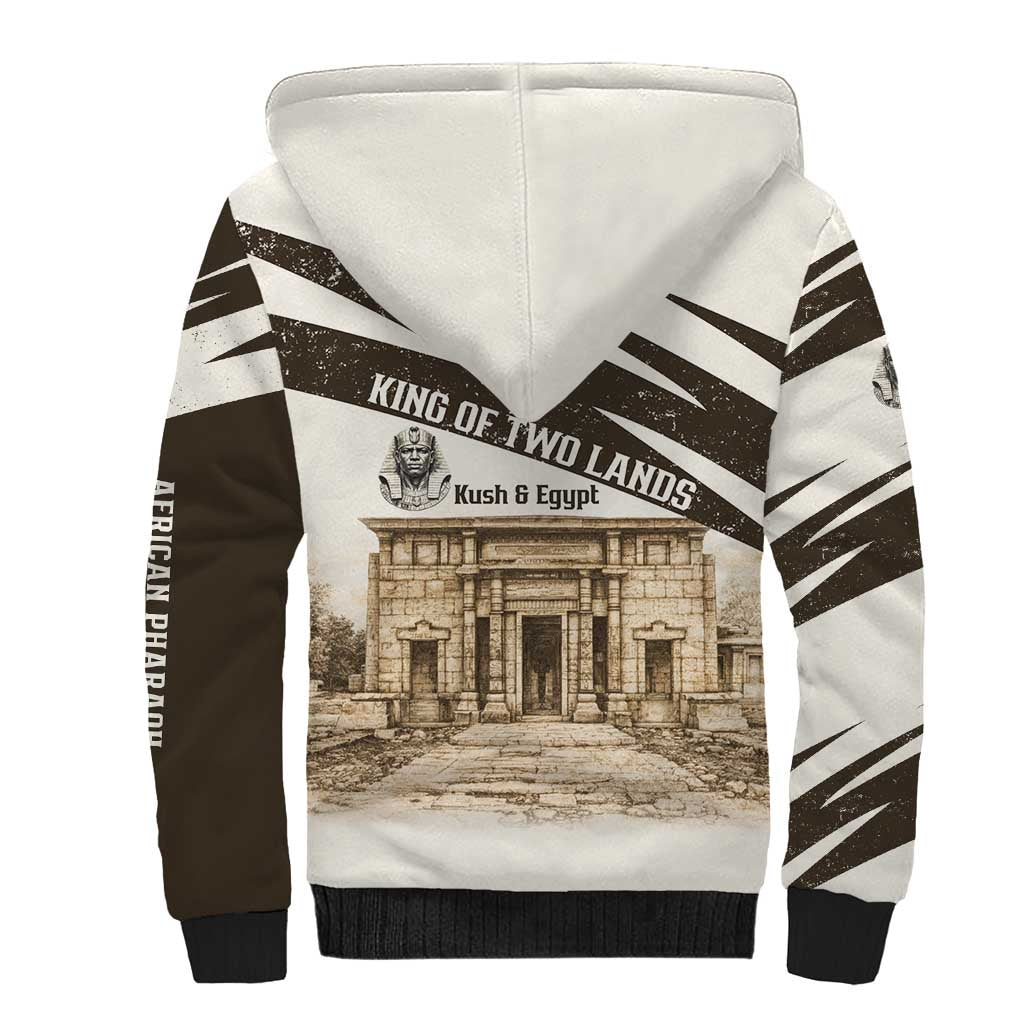 Taharqa Sherpa Hoodie with Ancient Map Illustration, King of Two Lands Title and Kush Egypt Temple - Wonder Print Shop