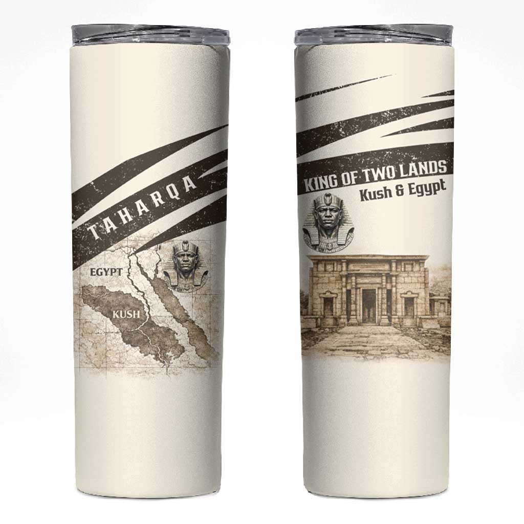 Taharqa Skinny Tumbler with Ancient Map Illustration, King of Two Lands Title and Kush Egypt Temple - Wonder Print Shop