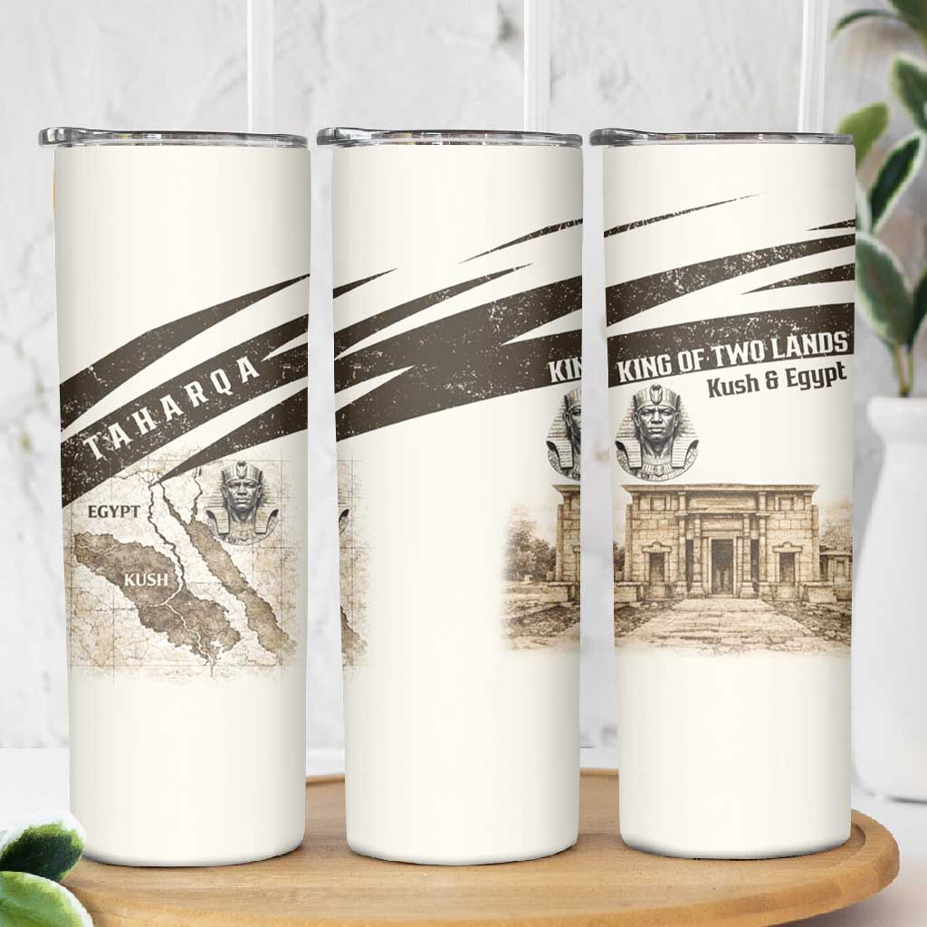 Taharqa Skinny Tumbler with Ancient Map Illustration, King of Two Lands Title and Kush Egypt Temple - Wonder Print Shop