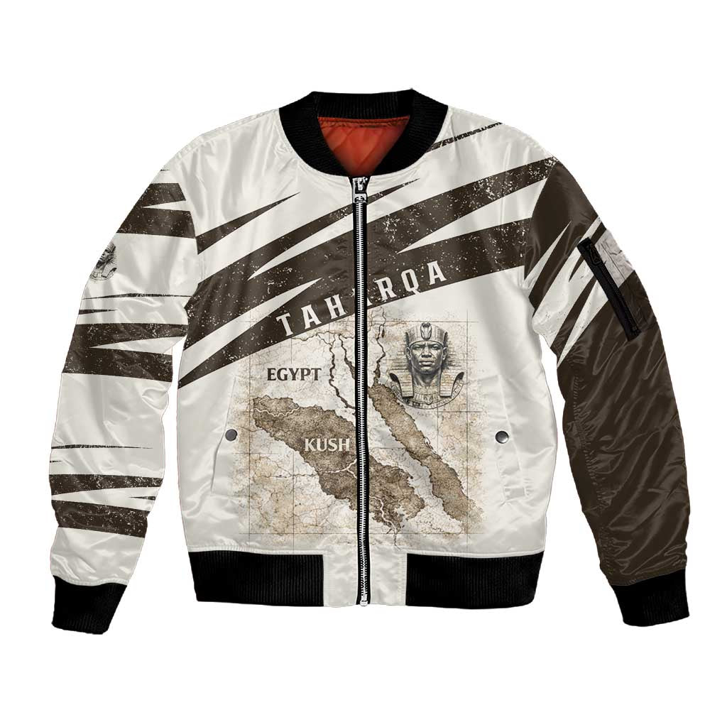 Taharqa Sleeve Zip Bomber Jacket with Ancient Map Illustration, King of Two Lands Title and Kush Egypt Temple - Wonder Print Shop