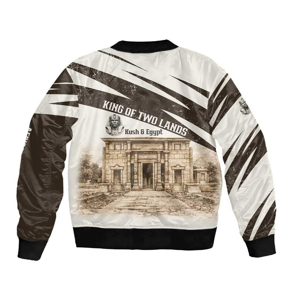 Taharqa Sleeve Zip Bomber Jacket with Ancient Map Illustration, King of Two Lands Title and Kush Egypt Temple - Wonder Print Shop