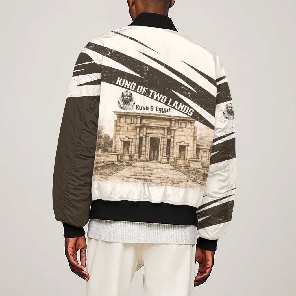Taharqa Sleeve Zip Bomber Jacket with Ancient Map Illustration, King of Two Lands Title and Kush Egypt Temple - Wonder Print Shop