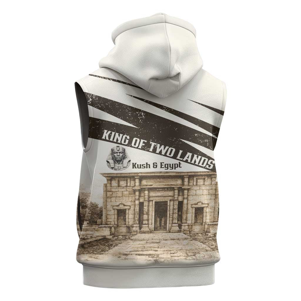 Taharqa Sleeveless Hoodie with Ancient Map Illustration, King of Two Lands Title and Kush Egypt Temple - Wonder Print Shop