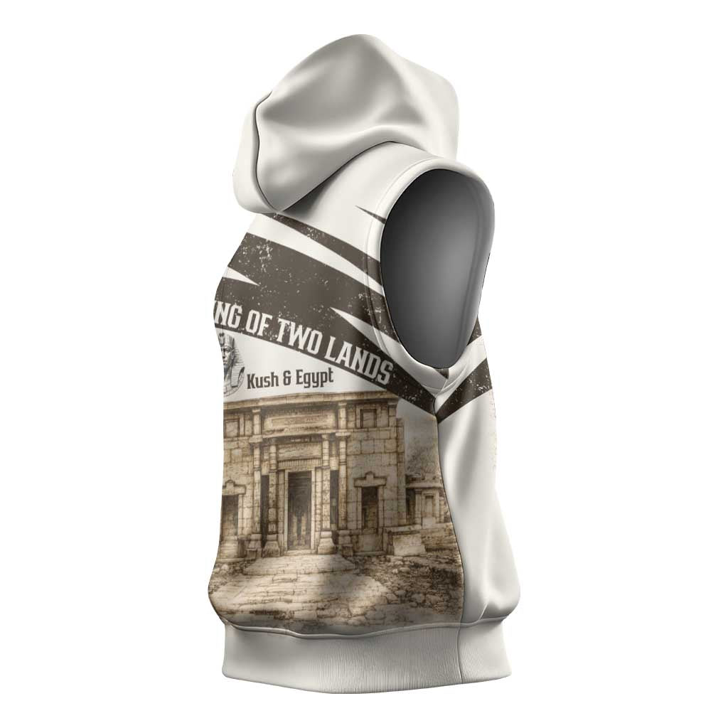 Taharqa Sleeveless Hoodie with Ancient Map Illustration, King of Two Lands Title and Kush Egypt Temple - Wonder Print Shop